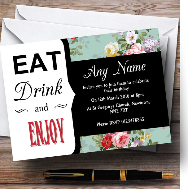 Vintage Shabby Chic Floral Eat Drink Personalised Birthday Party Invitations