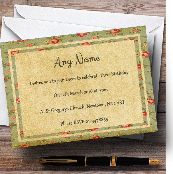 Vintage Shabby Chic Floral Postcard Style Personalised Birthday Party Invitations