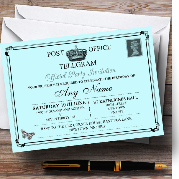 Vintage Telegram Elegant Aqua Personalised Birthday Party Invitations