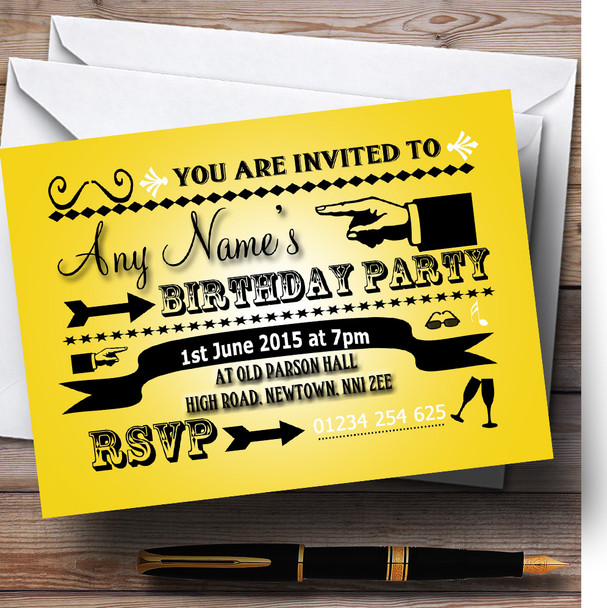 Yellow Typography Word Art Vintage Personalised Birthday Party Invitations