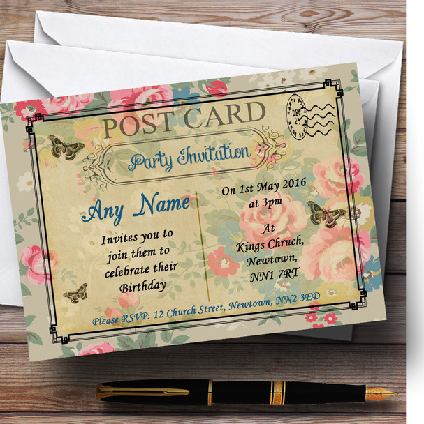 Blue Floral Vintage Paris Shabby Chic Postcard Personalised Birthday Party Invitations