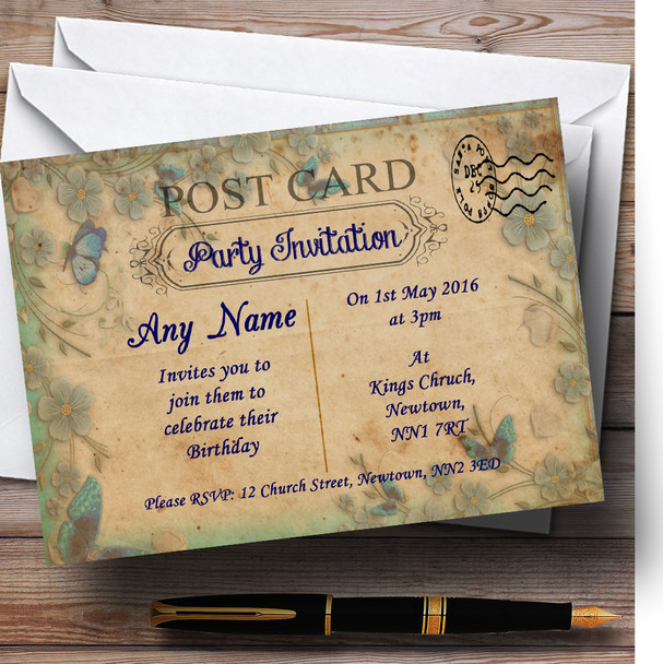 Blue Floral Vintage Shabby Chic Postcard Personalised Birthday Party Invitations