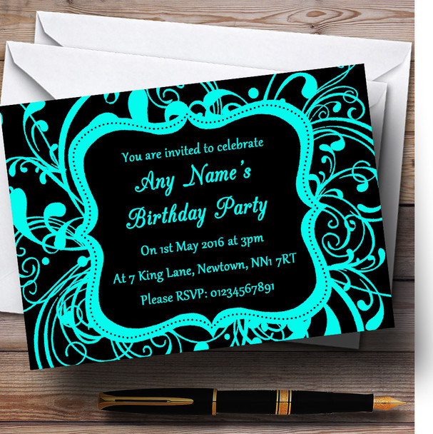 Black & Aqua Swirl Deco Personalised Birthday Party Invitations
