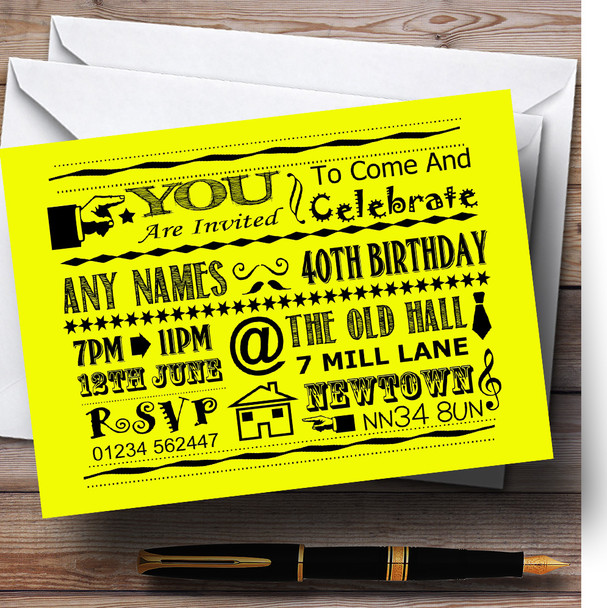 Cool Vintage Fun Chalk Typography Bright Yellow Personalised Birthday Party Invitations