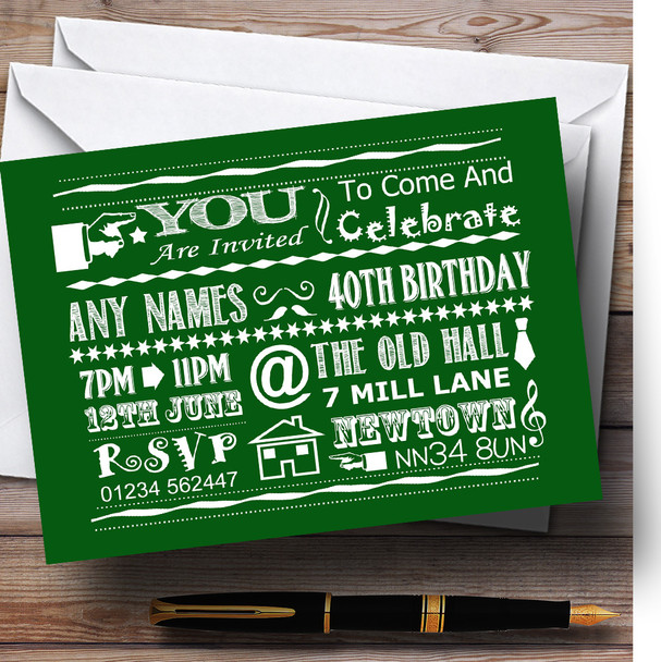 Cool Vintage Fun Chalk Typography Green Personalised Birthday Party Invitations