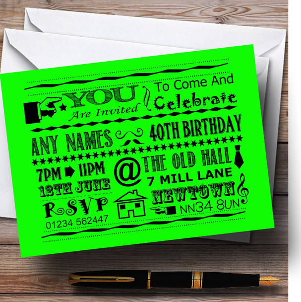 Cool Vintage Fun Chalk Typography Lime Green Personalised Birthday Party Invitations