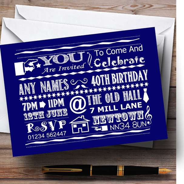 Cool Vintage Fun Chalk Typography Navy Blue Personalised Birthday Party Invitations