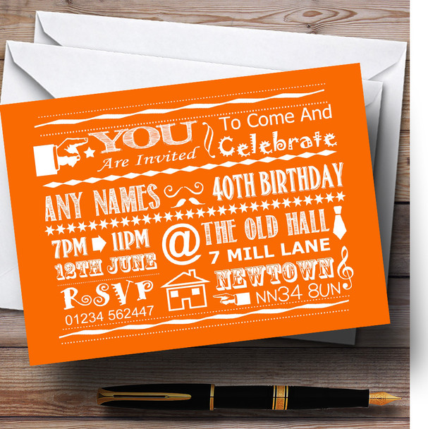 Cool Vintage Fun Chalk Typography Orange Personalised Birthday Party Invitations