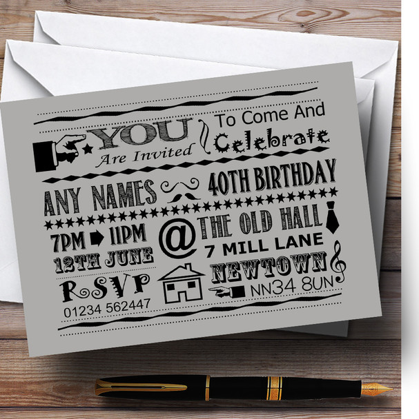Cool Vintage Fun Chalk Typography Pale Grey Personalised Birthday Party Invitations