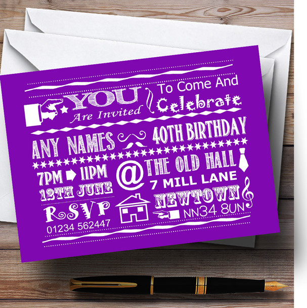 Cool Vintage Fun Chalk Typography Purple Personalised Birthday Party Invitations