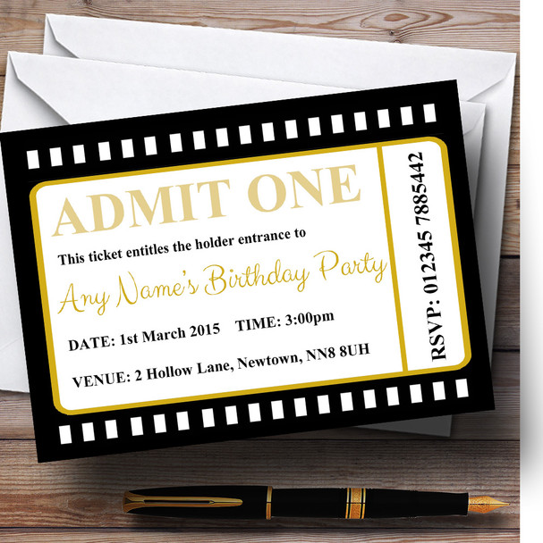 Movie Ticket Black Personalised Birthday Party Invitations