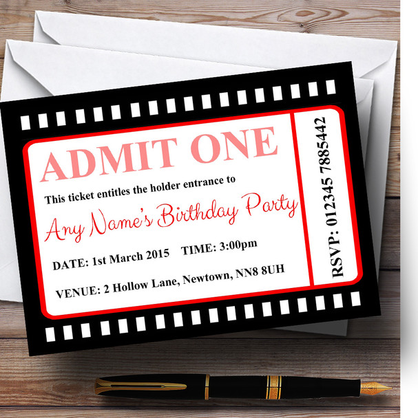 Movie Ticket Red Personalised Birthday Party Invitations