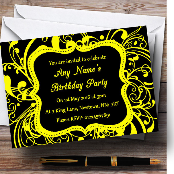 Black and Yellow Swirl Deco Personalised Birthday Party Invitations