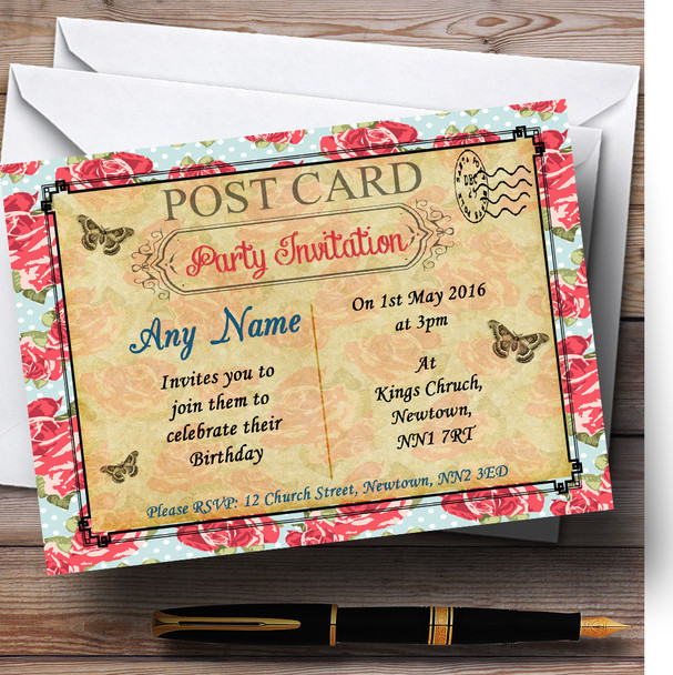 Pink Floral Vintage Paris Shabby Chic Postcard Personalised Birthday Party Invitations
