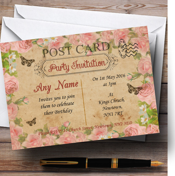 Pink Roses Vintage Shabby Chic Postcard Personalised Birthday Party Invitations