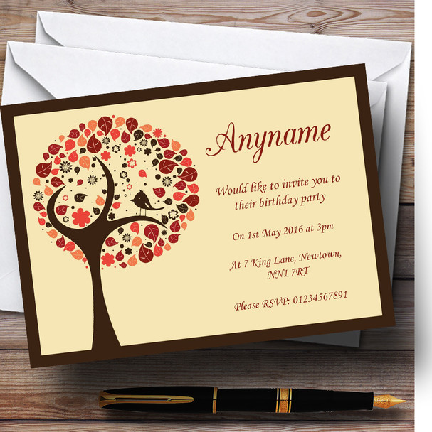 Shabby Chic Bird Tree Brown Vintage Personalised Birthday Party Invitations