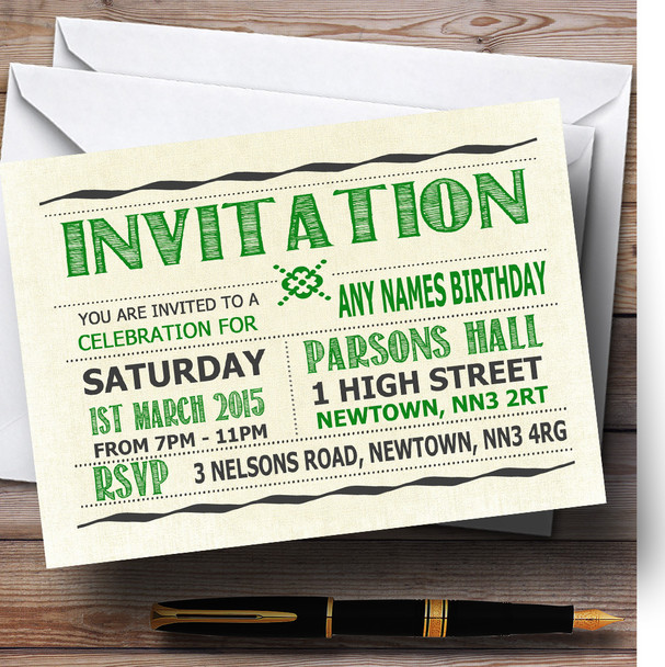 Typography Word Art Green Personalised Birthday Party Invitations