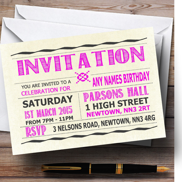 Typography Word Art Hot Pink Personalised Birthday Party Invitations