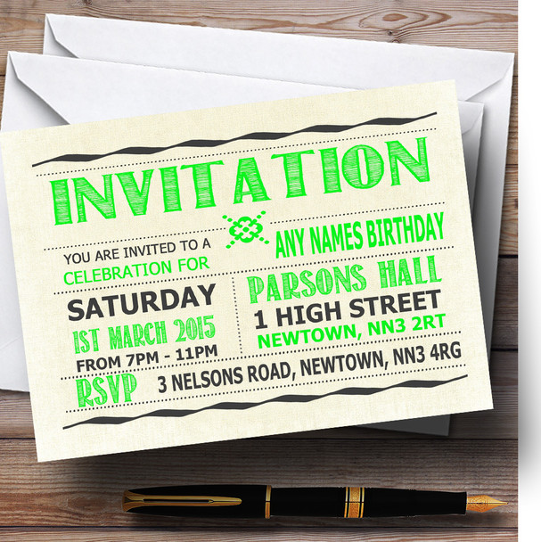 Typography Word Art Lime Green Personalised Birthday Party Invitations