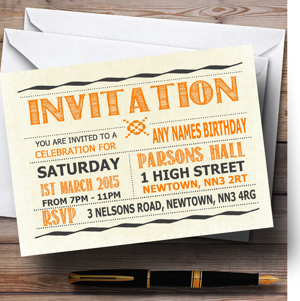 Typography Word Art Orange Personalised Birthday Party Invitations