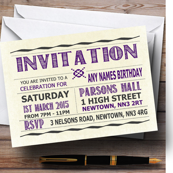 Typography Word Art Purple Personalised Birthday Party Invitations