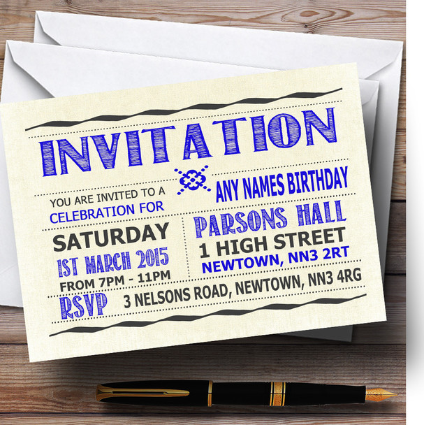 Typography Word Art Royal Blue Personalised Birthday Party Invitations