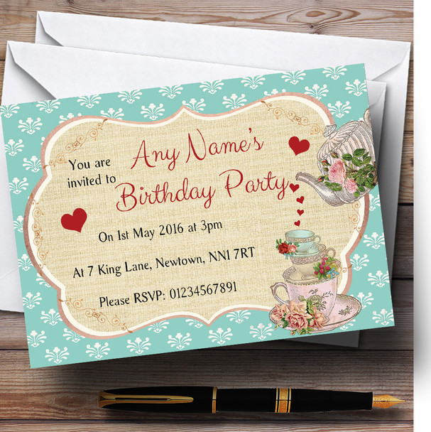 Vintage Tea Green Red Shabby Chic Personalised Birthday Party Invitations