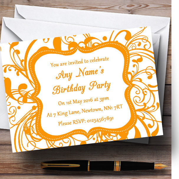 White & Orange Swirl Deco Personalised Birthday Party Invitations