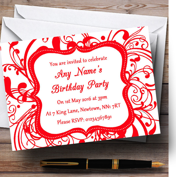 White & Red Swirl Deco Personalised Birthday Party Invitations