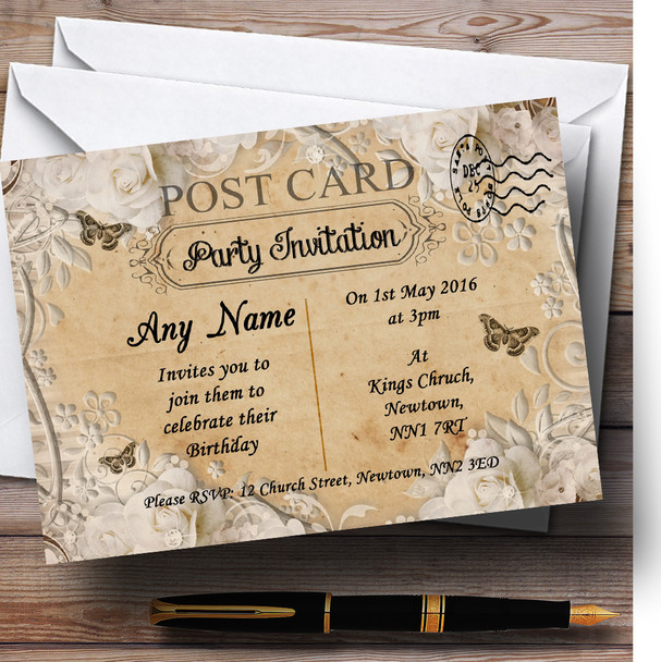 White Rose Vintage Shabby Chic Postcard Personalised Birthday Party Invitations