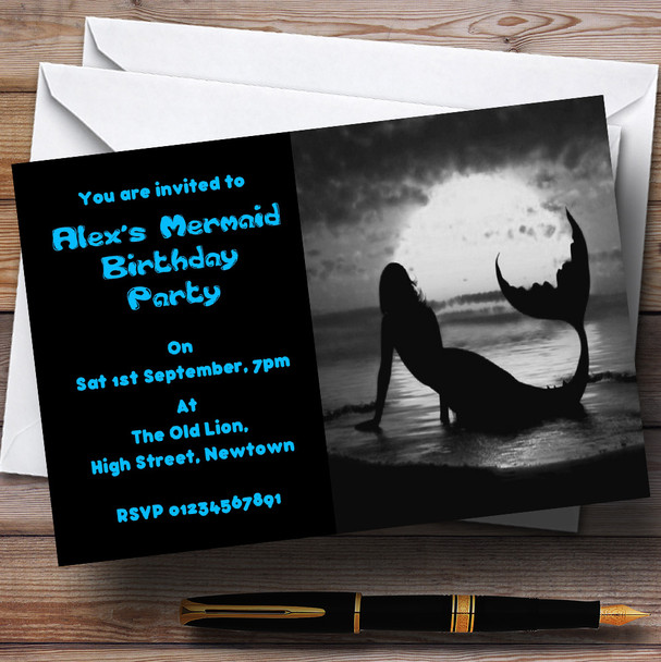 Black Mermaid Theme Personalised Birthday Party Invitations