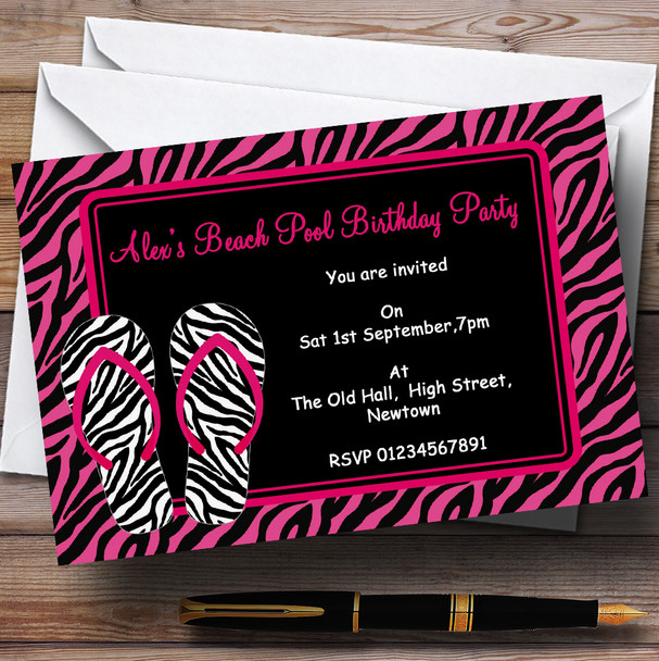 Zebra Print Pink Beach Pool Swimming Theme Personalised Birthday Party Invitations