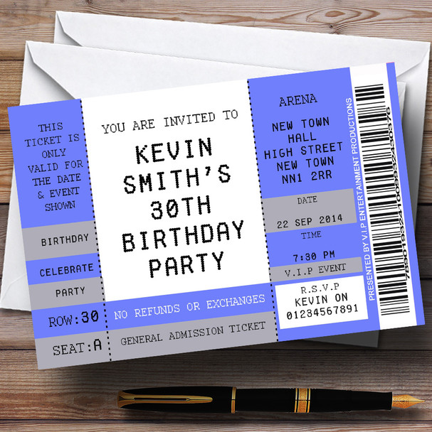 Blue Vip Spoof Concert Ticket Stub Theme Personalised Birthday Party Invitations