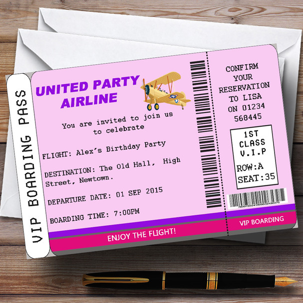 Pink Vip Plane Boarding Pass Ticket Theme Personalised Birthday Party Invitations