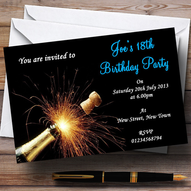 Champagne Cork Blue Personalised Party Invitations
