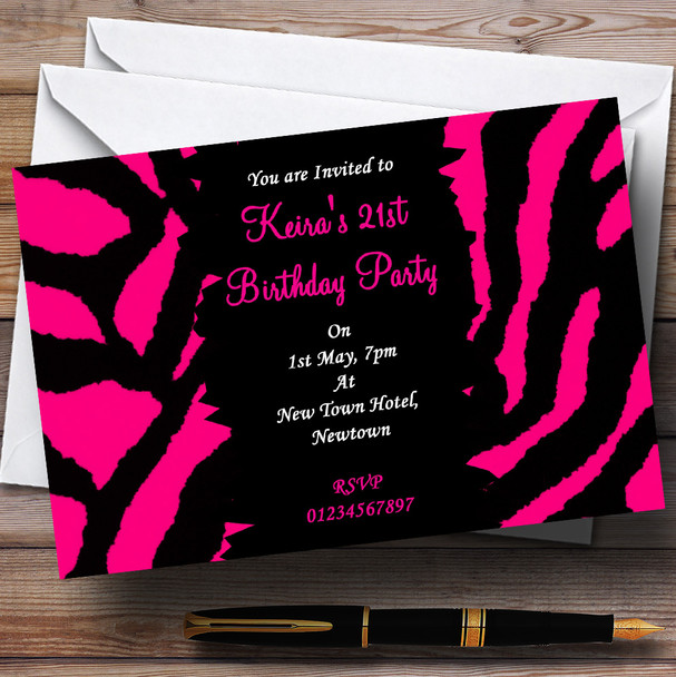 Hot Pink Zebra Print Personalised Party Invitations