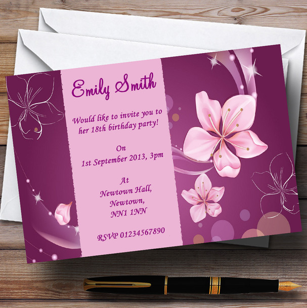 Purple Flowers Personalised Party Invitations