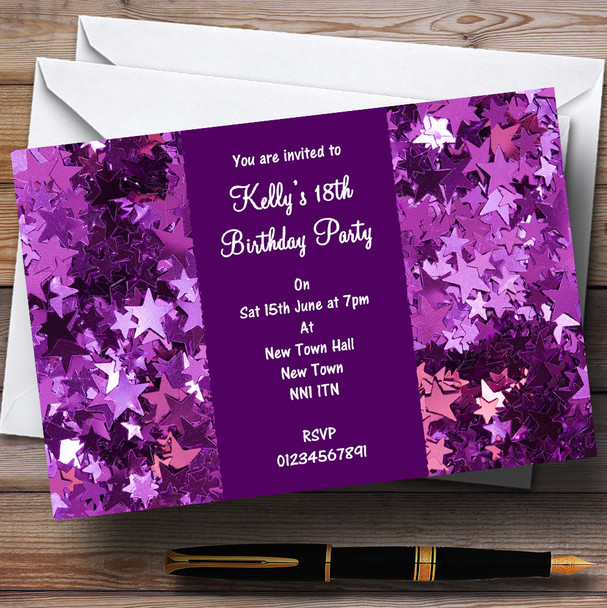 Purple Glittery Stars Personalised Party Invitations