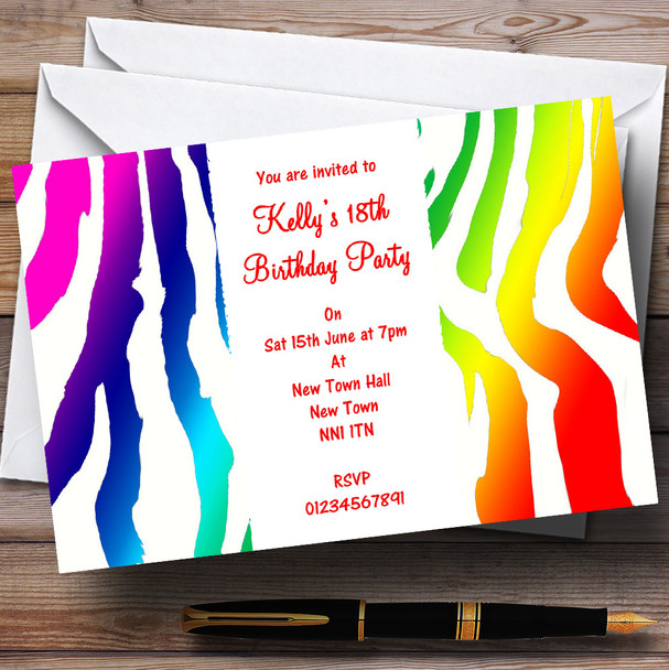 Rainbow Zebra Print Personalised Party Invitations
