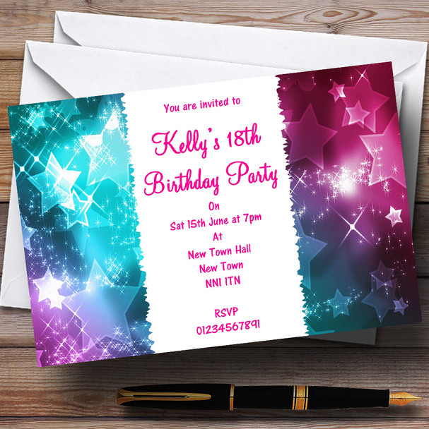 Pink, Purple & Aqua Stars Personalised Party Invitations