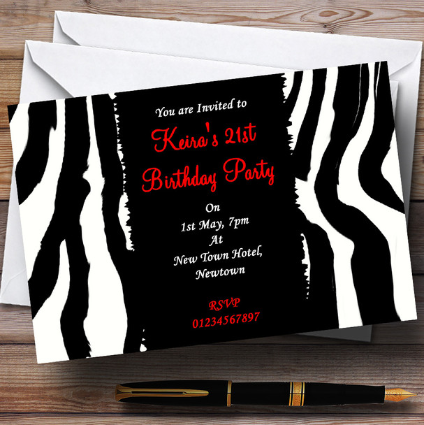 Zebra Print Red Text Personalised Party Invitations