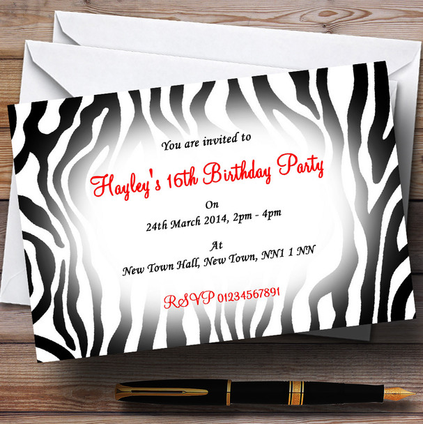 Zebra Print Red Personalised Party Invitations