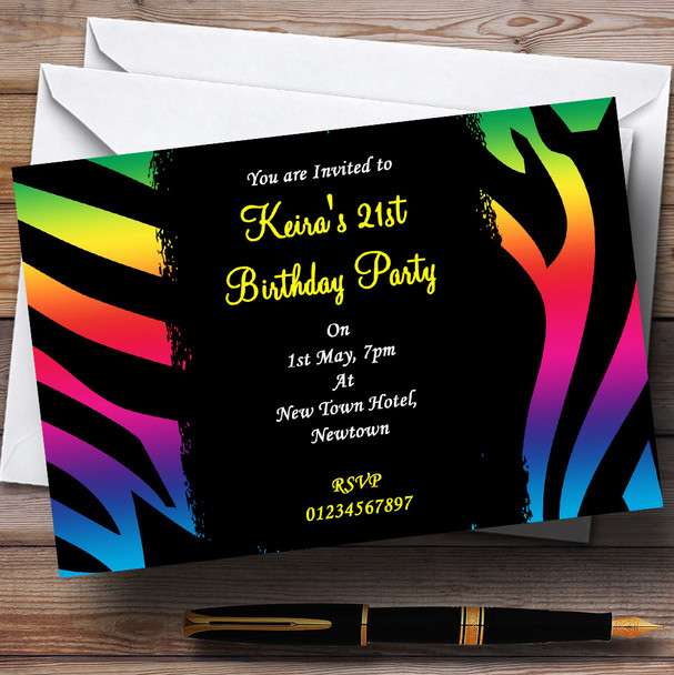 Bright Zebra Print Colourful Personalised Party Invitations