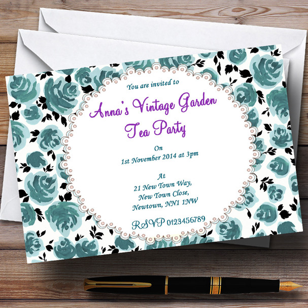 Turquoise Floral Vintage Garden Tea Party Personalised Party Invitations