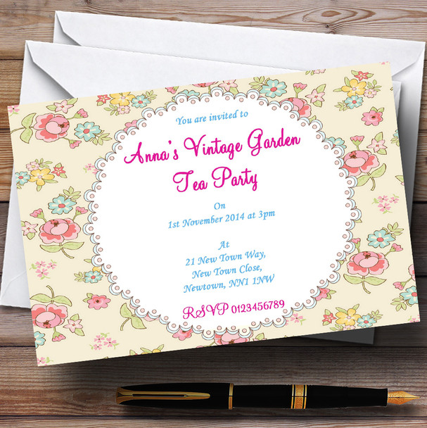 Pretty Floral Vintage Garden Tea Party Personalised Party Invitations