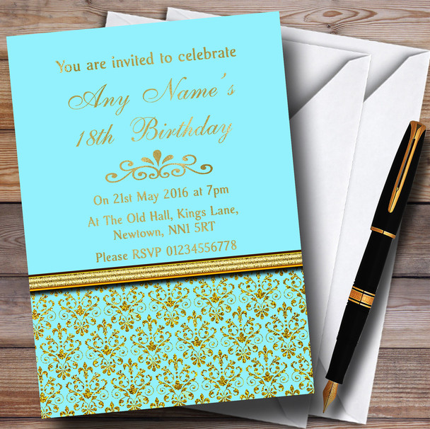 Aqua Sky Blue & Gold Vintage Damask Personalised Birthday Party Invitations