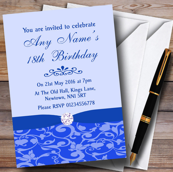 Cobalt Blue Vintage Floral Damask Diamante Personalised Birthday Party Invitations