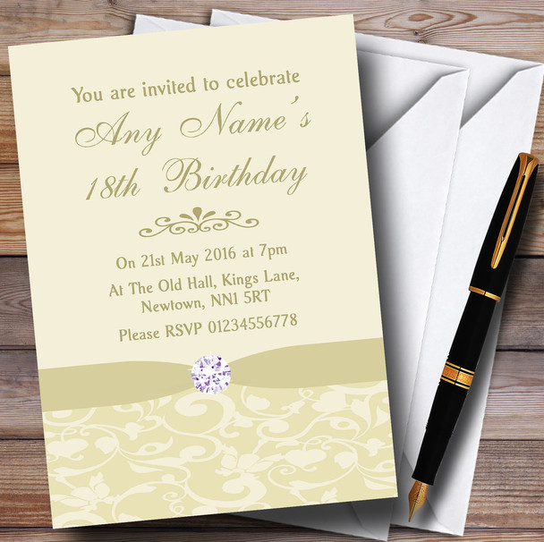Cream Pale Gold Beige Vintage Floral Damask Diamante Personalised Birthday Party Invitations