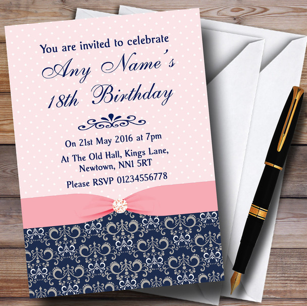 Dusky Coral Pink Vintage Diamond Bow Personalised Birthday Party Invitations