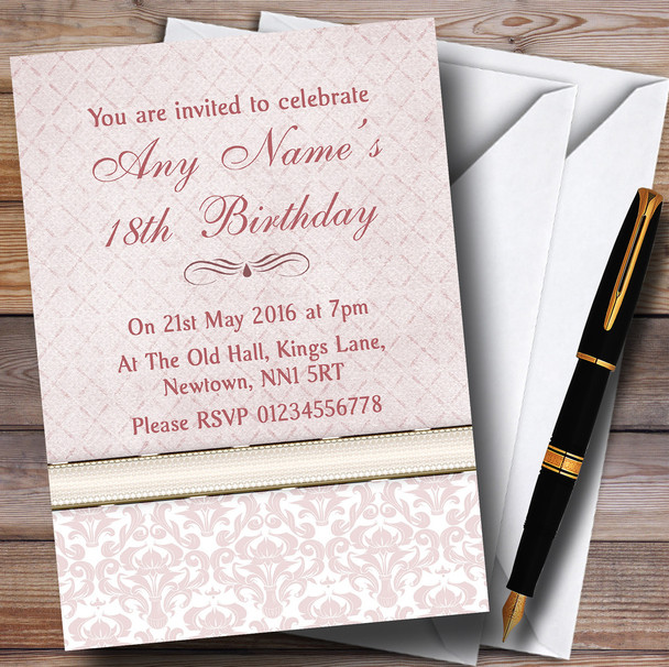 Dusky Rose Pink Damask Vintage Pearl Personalised Birthday Party Invitations
